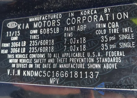 2016 Kia Sedona Ex z USA, uszkodzony, nr VIN KNDMC5C16G6181137